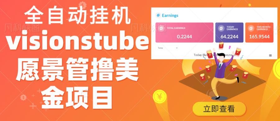 外面收费几千上万的visionstube愿景管撸美金项目，单日收益30-50美金+工作室可批量多开搞
