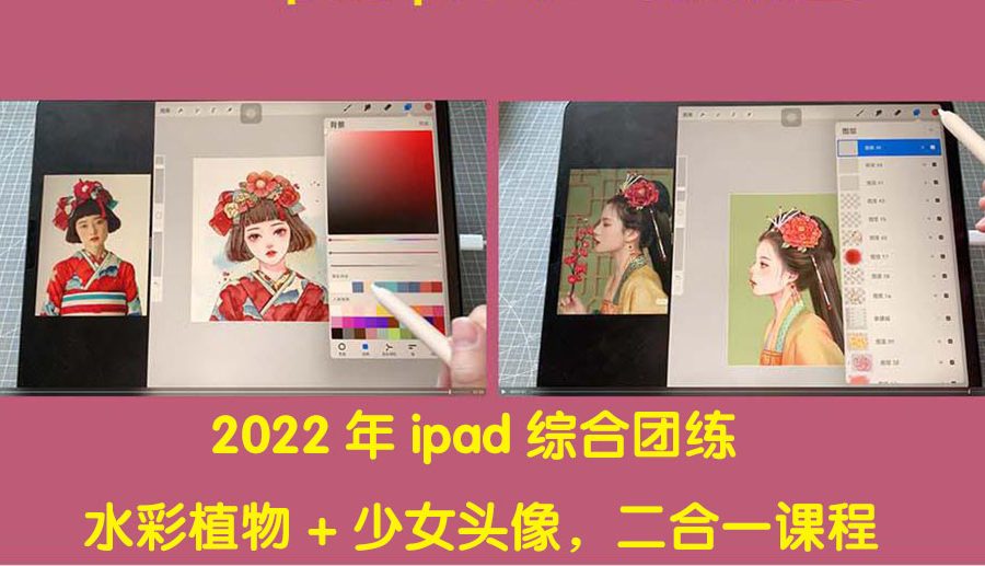 （4002期）2022年ipad综合团练水彩植物+少女头像，二合一课程（40节课）