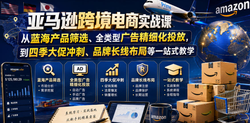 亚马逊跨境电商实战课,从蓝海产品筛选、全类型广告精细化投放,到四季大促冲刺、品牌长线布局等一站式教学-798资源站