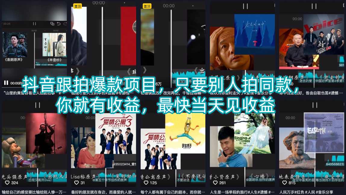 抖音跟拍爆款项目，只要别人拍同款，你就有收益，最快当天见收益-798资源站