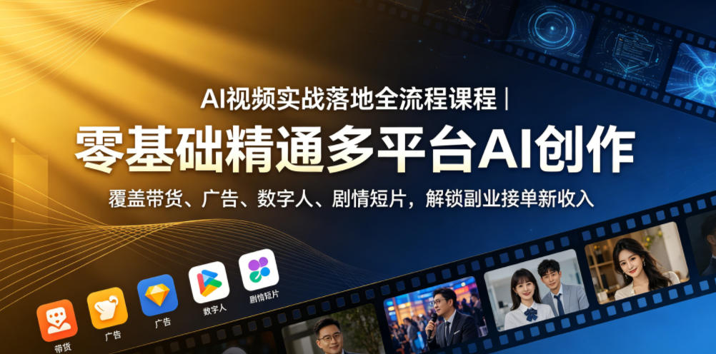 AI视频实战落地全流程课程|零基础精通多平台AI创作,覆盖带货、广告、数字人、剧情短片,解锁副业接单新收入-798资源站