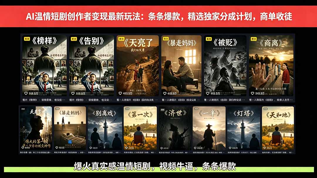 AI温情短剧创作者变现最新玩法：视频牛逼，条条爆款，精选独家分成计划，商单收徒-798资源站
