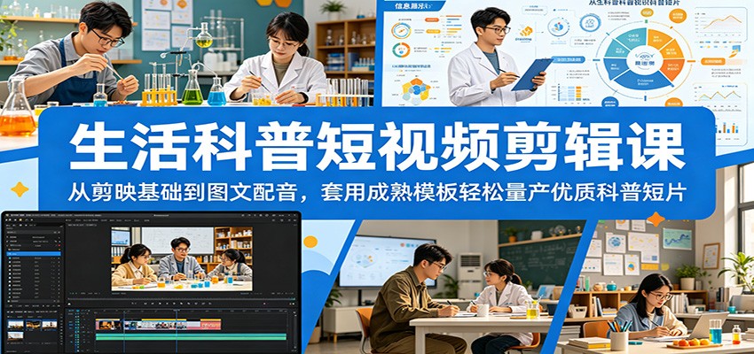 生活科普短视频剪辑课：从剪映基础到图文配音，套用成熟模板轻松量产优质科普短片-798资源站