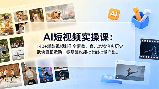 AI短视频实操课:140+爆款视频制作全覆盖,育儿宠物治愈历史武侠舞蹈运动,零基础也能批量产出-798资源站