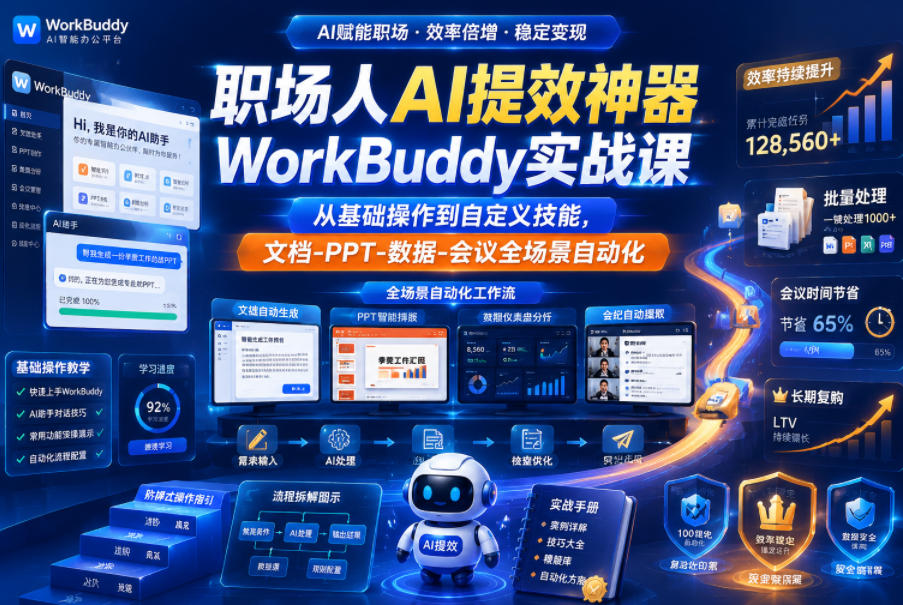 职场人AI提效神器WorkBuddy实战课，从基础操作到自定义技能，文档-PPT-数据-会议全场景自动化来宝云总站-闲云创业网-老谢轻创网-中创网-福缘网-冒泡网-资源之家-魔方项目库来宝云总站