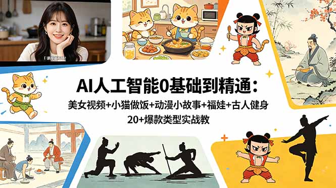 AI人工智能0基础到精通：美女视频+小猫做饭+动漫小故事+福娃+古人健身，20+爆款类型实战教学-798资源站