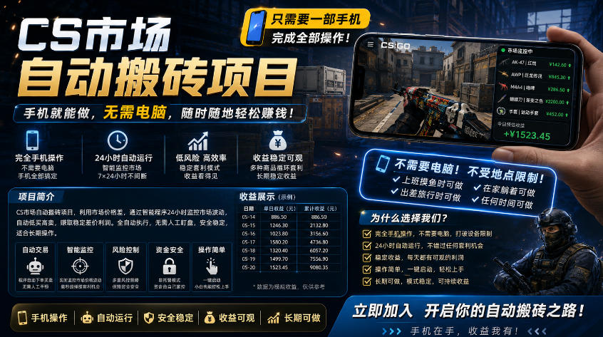 手机即可操作的CS市场自动搬砖系统｜自动监控｜自动下单|日入300+【揭秘】-798资源站