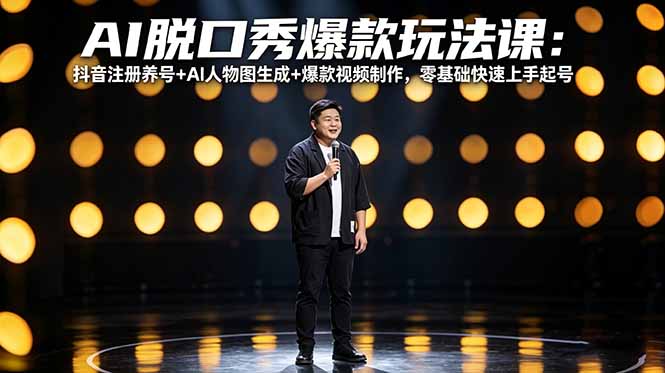 AI脱口秀爆款玩法课:抖音注册养号+AI人物图生成+爆款视频制作,零基础快速上手起号