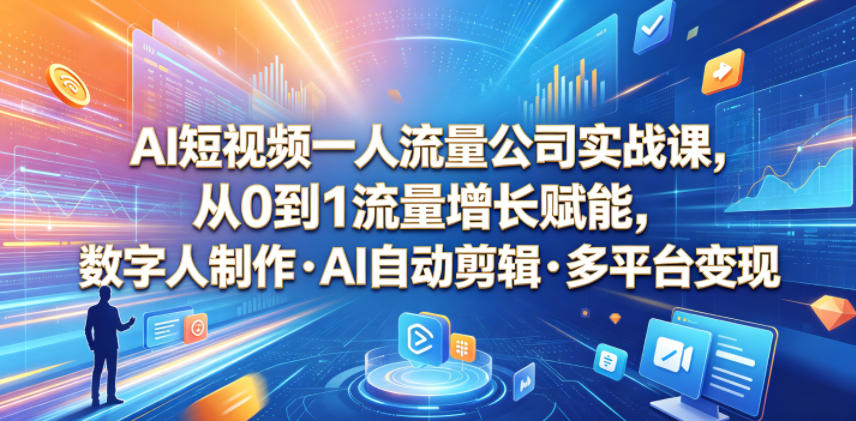 AI短视频一人流量公司实战课，从0到1流量增长赋能，数字人制作・AI自动剪辑・多平台变现，一人做流量生意全落地教程来宝云总站-闲云创业网-老谢轻创网-中创网-福缘网-冒泡网-资源之家-魔方项目库来宝云总站
