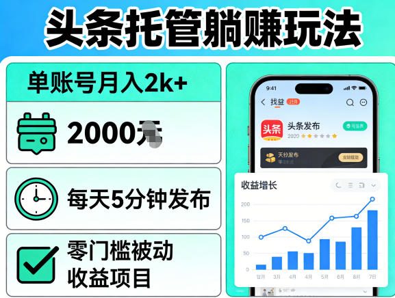 头条托管躺賺玩法,单账号月入2k+,每天5分钟发布即可,零门槛被动收益项目【揭秘】-创富之家