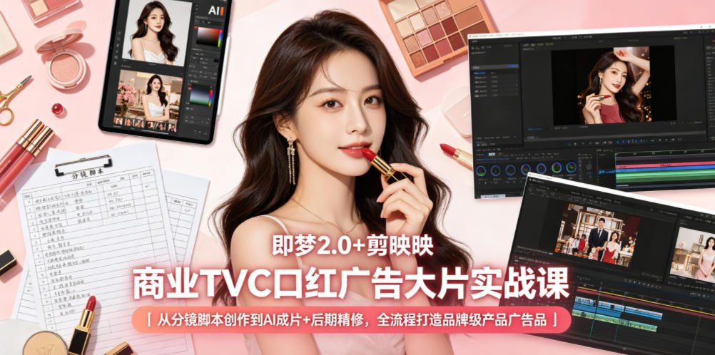 即梦2.0+剪映商业TVC口红广告大片实战课｜从分镜脚本创作到AI成片+后期精修，全流程打造品牌级产品广告-798资源站
