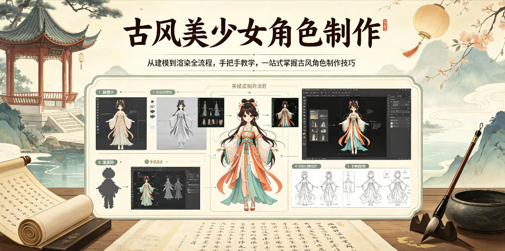 古风美少女角色制作，从建模到渲染全流程，手把手教学，一站式掌握古风角色制作技巧-798资源站