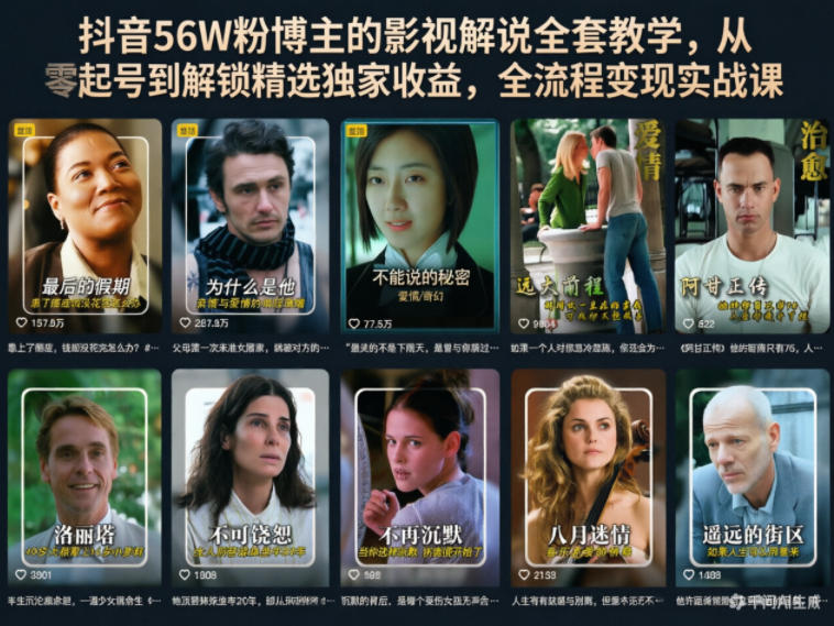 抖音56W粉博主的影视解说全套教学,从零起号到解锁精选独家收益,全流程变现实战课-798资源站