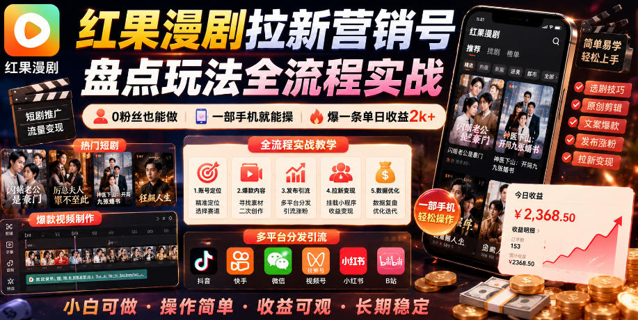 红果漫剧拉新营销号盘点玩法全流程实战，0粉丝也能做，一部手机就能做，爆一条单日收益2k+来宝云总站-闲云创业网-老谢轻创网-中创网-福缘网-冒泡网-资源之家-魔方项目库来宝云总站
