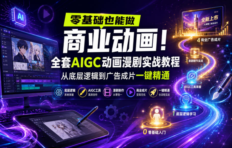 零基础也能做商业动画！全套AIGC动画漫剧实战教程，从底层逻辑到广告成片一键精通来宝云总站-闲云创业网-老谢轻创网-中创网-福缘网-冒泡网-资源之家-魔方项目库来宝云总站