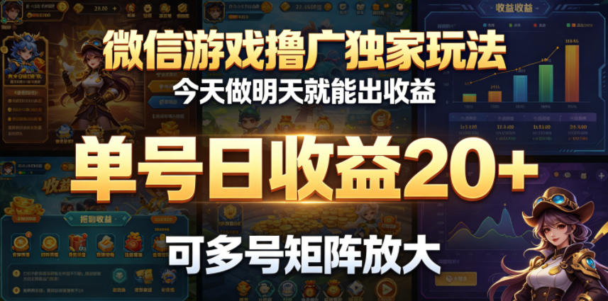 微信游戏撸广独家玩法，今天做明天就能出收益，单号日收益20+，可多号矩阵放大-798资源站