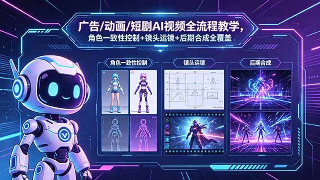 广告/动画/短剧AI视频全流程教学,角色一致性控制+镜头运镜+后期合成全覆盖