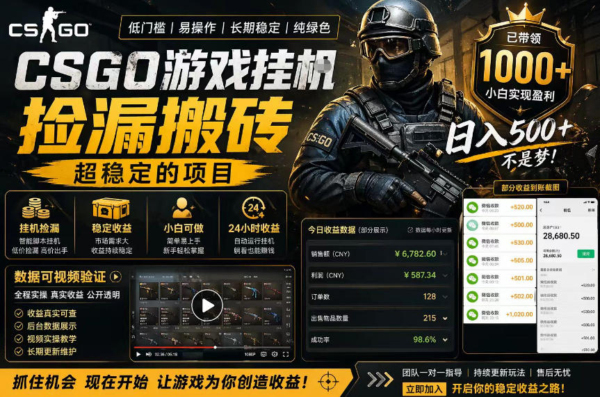 CSGO游戏搬砖，全自动挂G，不需要玩游戏，手机操作日入300+，解放双手【揭秘】-798资源站