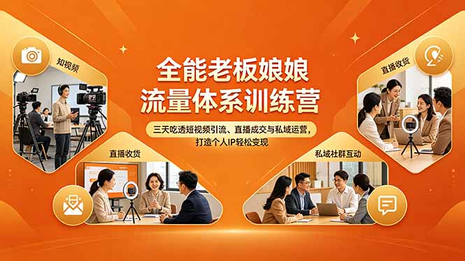 全能老板娘流量体系训练营，三天吃透短视频引流、直播成交与私域运营，打造个人IP轻松变现来宝云总站-闲云创业网-老谢轻创网-中创网-福缘网-冒泡网-资源之家-魔方项目库来宝云总站