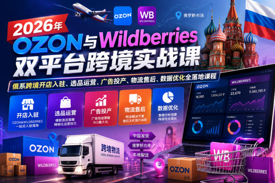 2026年OZON与Wildberries双平台跨境实战课，俄系跨境开店入驻、选品运营、广告投产、物流售后、数据优化全落地课程来宝云总站-闲云创业网-老谢轻创网-中创网-福缘网-冒泡网-资源之家-魔方项目库来宝云总站