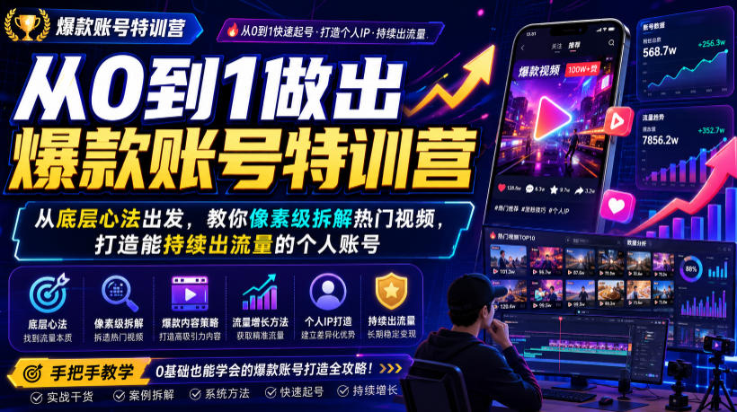 从0到1做出爆款账号特训营，从底层心法出发，教你像素级拆解热门视频，打造能持续出流量的个人账号-798资源站