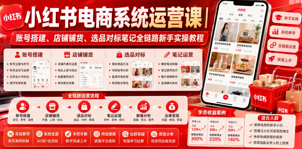 小红书电商系统运营课｜账号搭建、店铺铺货、选品对标笔记全链路新手实操教程来宝云总站-闲云创业网-老谢轻创网-中创网-福缘网-冒泡网-资源之家-魔方项目库来宝云总站