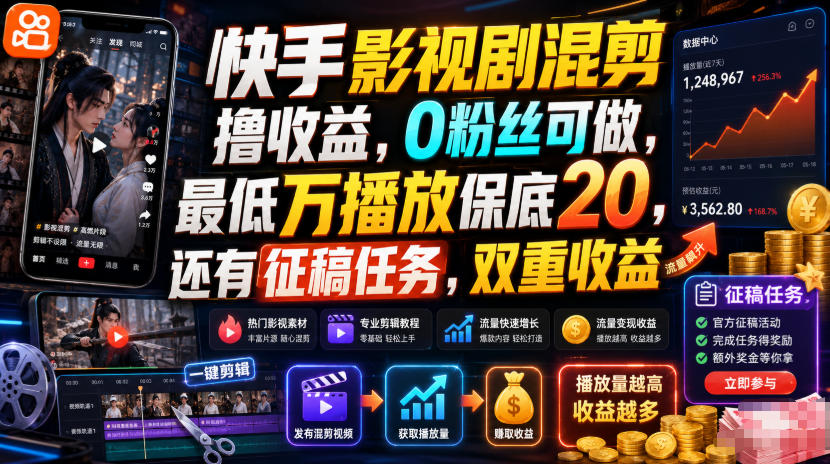快手影视剧混剪撸收益，0粉丝可做，最低万播放保底20，还有征稿任务，双重收益来宝云总站-闲云创业网-老谢轻创网-中创网-福缘网-冒泡网-资源之家-魔方项目库来宝云总站