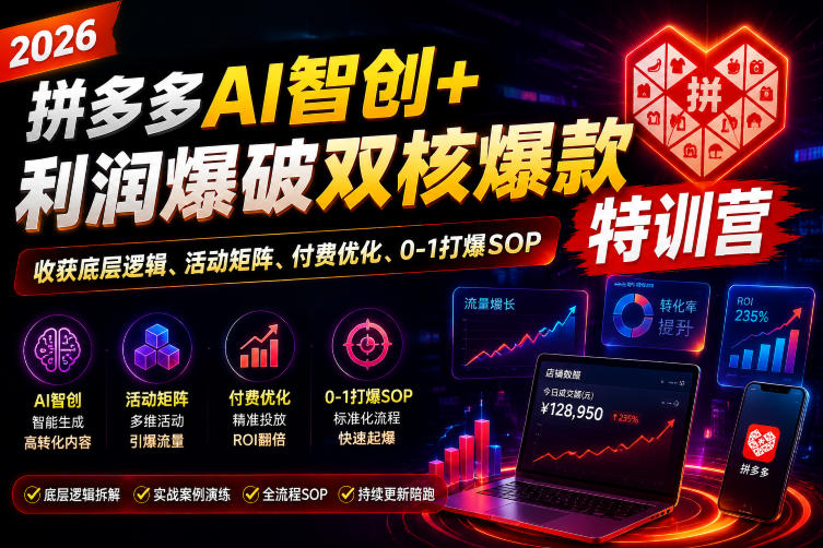 2026拼多多AI智创+利润爆破双核爆款特训营，收获底层逻辑、活动矩阵、付费优化、0-1打爆SOP来宝云总站-闲云创业网-老谢轻创网-中创网-福缘网-冒泡网-资源之家-魔方项目库来宝云总站