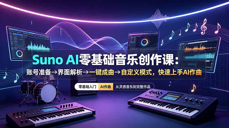 Suno AI零基础音乐创作课：账号准备→界面解析→一键成曲→自定义模式，快速上手AI作曲来宝云总站-闲云创业网-老谢轻创网-中创网-福缘网-冒泡网-资源之家-魔方项目库来宝云总站