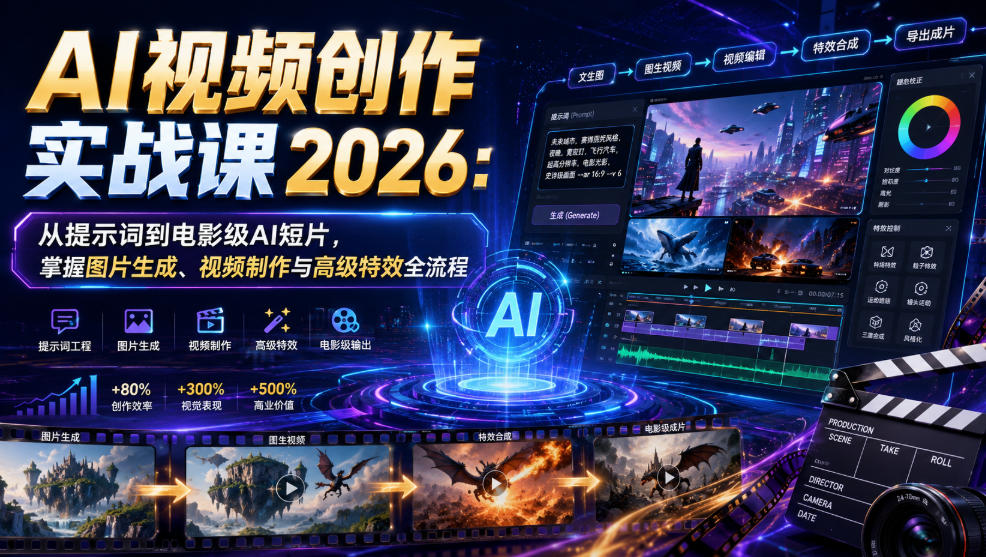 AI视频创作实战课2026:从提示词到电影级AI短片,掌握图片生成、视频制作与高级特效全流程来宝云总站-闲云创业网-老谢轻创网-中创网-福缘网-冒泡网-资源之家-魔方项目库来宝云总站