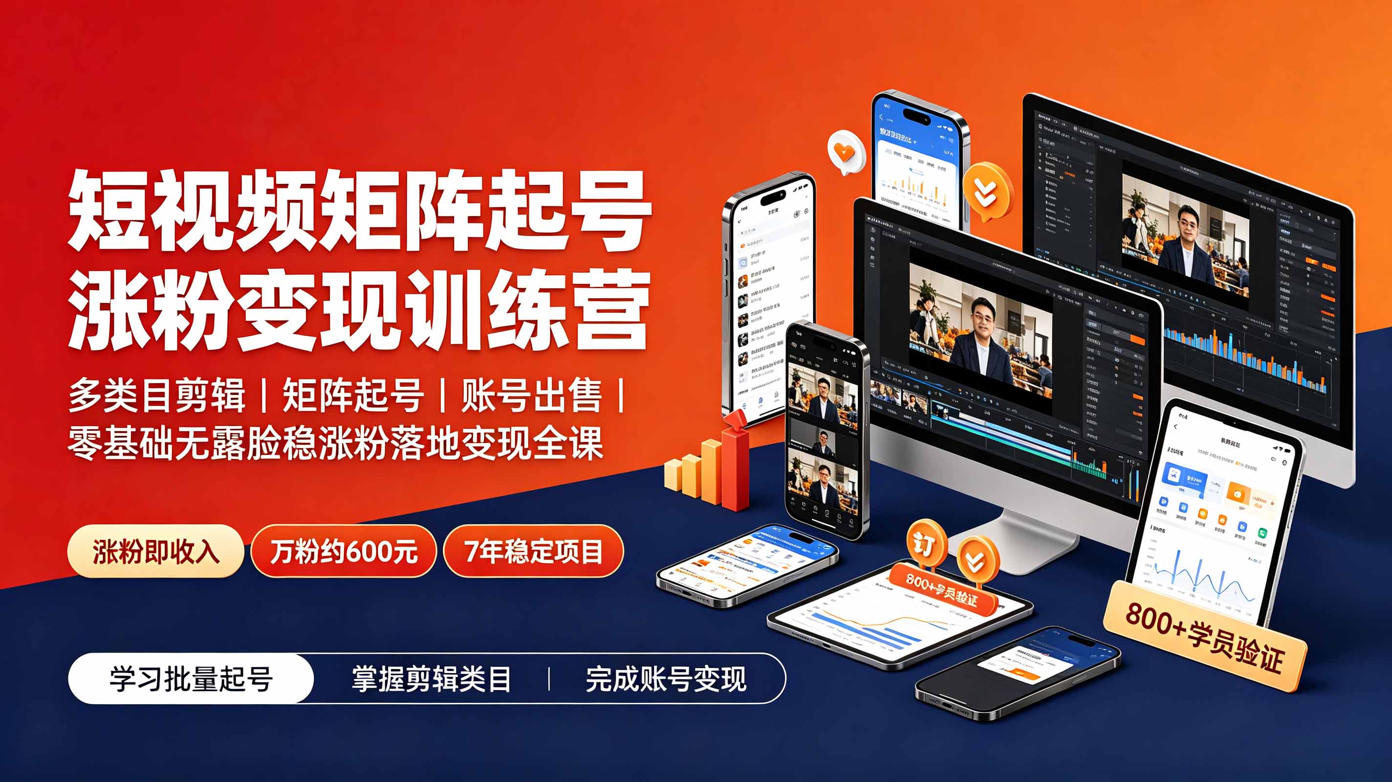 短视频矩阵起号涨粉变现训练营|多类目剪辑·矩阵起号·账号出售,0基础无露脸稳涨粉落地变现全课-更新-798资源站