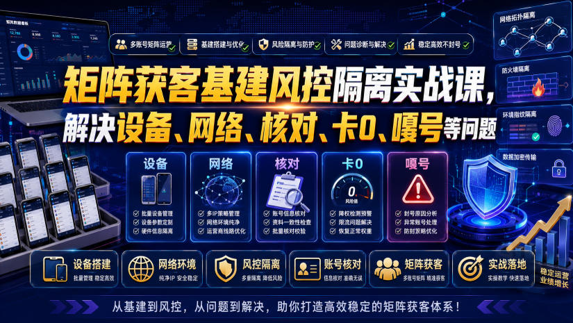 矩阵获客基建风控隔离实战课，解决设备、网络、核对、卡0、嘎号等问题来宝云总站-闲云创业网-老谢轻创网-中创网-福缘网-冒泡网-资源之家-魔方项目库来宝云总站