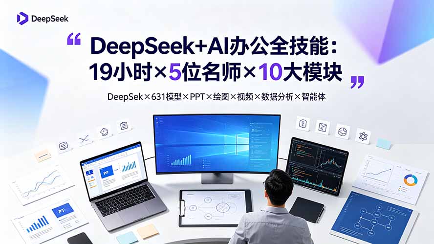 DeepSeek+AI办公全技能:19小时×5位名师×10大模块,DeepSeek×631模型×PPT×绘图×视频×数据分析×智能体-798资源站
