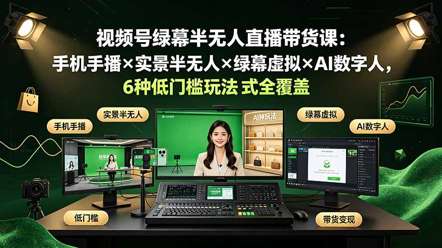 视频号绿幕半无人直播带货课：手机手播×实景半无人×绿幕虚拟×AI数字人，6种低门槛玩法全覆盖来宝云总站-闲云创业网-老谢轻创网-中创网-福缘网-冒泡网-资源之家-魔方项目库来宝云总站