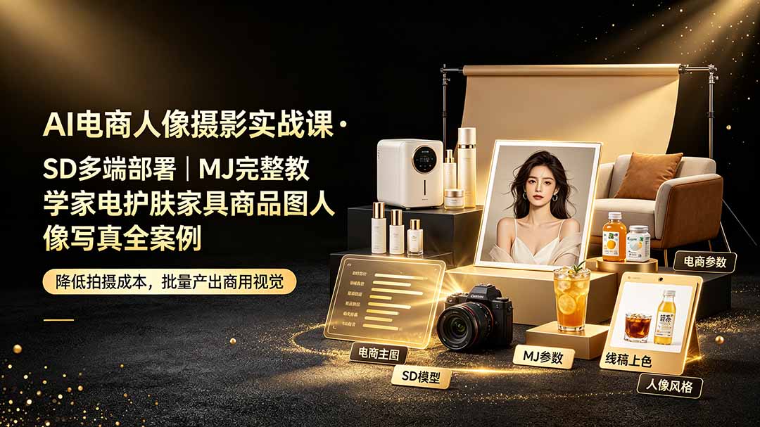 AI电商人像摄影实战课·SD多端部署｜MJ完整教学｜家电护肤家具商品图人像写真全案例来宝云总站-闲云创业网-老谢轻创网-中创网-福缘网-冒泡网-资源之家-魔方项目库来宝云总站