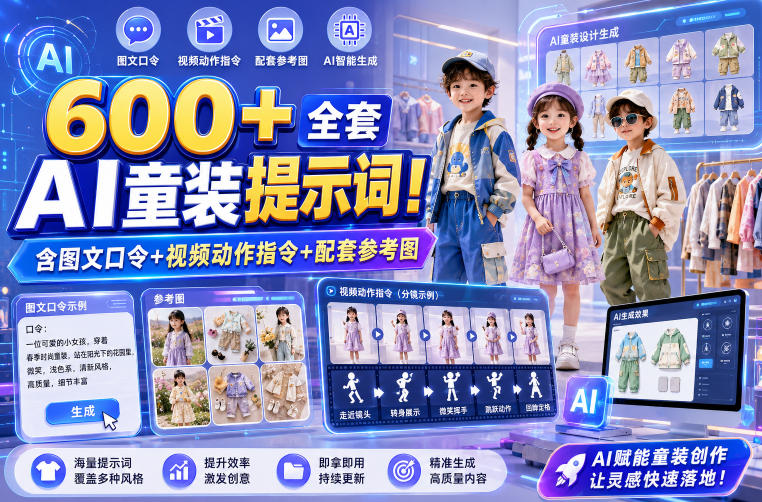 600+全套AI童装提示词！含图文口令+视频动作指令+配套参考图，Word-Excel规整分类，童装电商、种草无脑量产内容！来宝云总站-闲云创业网-老谢轻创网-中创网-福缘网-冒泡网-资源之家-魔方项目库来宝云总站