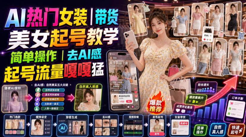 AI热门女装带货丨美女起号教学，简单操作，去AI感，起号流量嘎嘎猛-798资源站