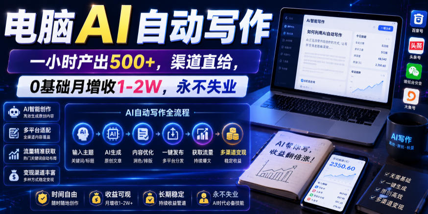 电脑AI自动写作，一小时产出500+，渠道直给，0基础月增收1-2W，永不失业【揭秘】来宝云总站-闲云创业网-老谢轻创网-中创网-福缘网-冒泡网-资源之家-魔方项目库来宝云总站
