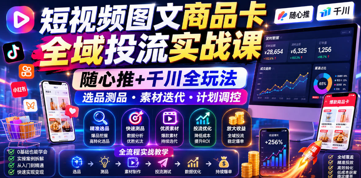 短视频图文商品卡全域投流实战课,随心推+千川全玩法,选品测品・素材迭代・计划调控,提升ROI爆单增收教程-798资源站