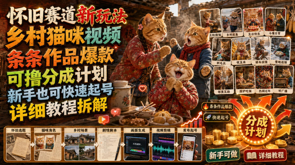 怀旧赛道新玩法,乡村猫咪视频,条条作品爆款,可撸分成计划,新手也可快速起号,详细教程拆解-798资源站