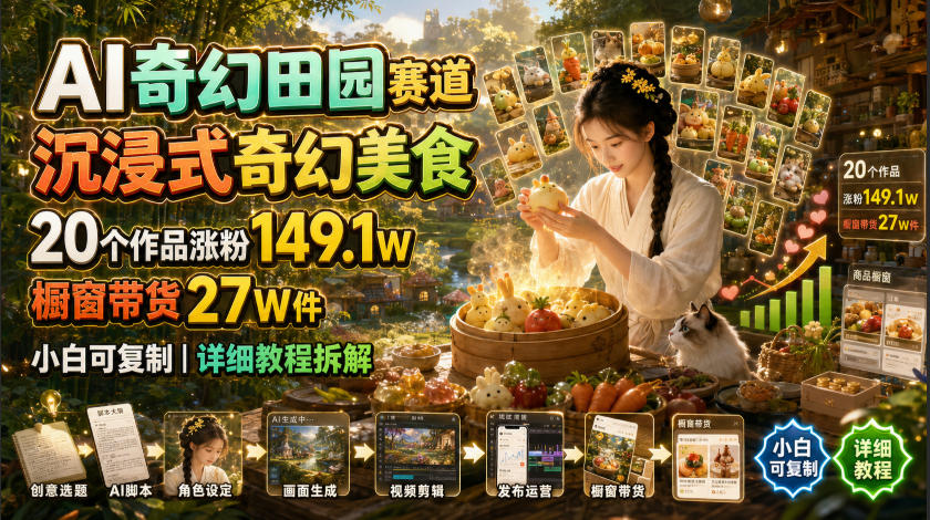 AI奇幻田园赛道,沉浸式奇幻美食,20个作品涨粉149.1W,橱窗带货27W件,小白可复制,详细教程拆解-798资源站