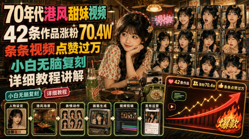 70年代港风甜妹视频,42条作品涨粉70.4W,条条视频点赞过万,小白无脑复刻,详细教程讲解-798资源站