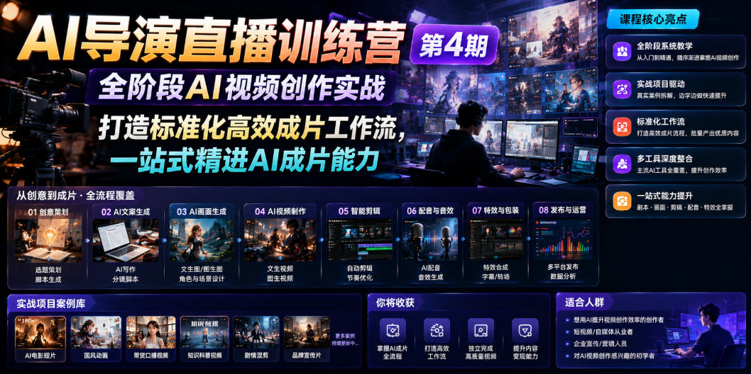 AI导演直播训练营第4期｜全阶段AI视频创作实战，打造标准化高效成片工作流，一站式精进AI成片能力来宝云总站-闲云创业网-老谢轻创网-中创网-福缘网-冒泡网-资源之家-魔方项目库来宝云总站