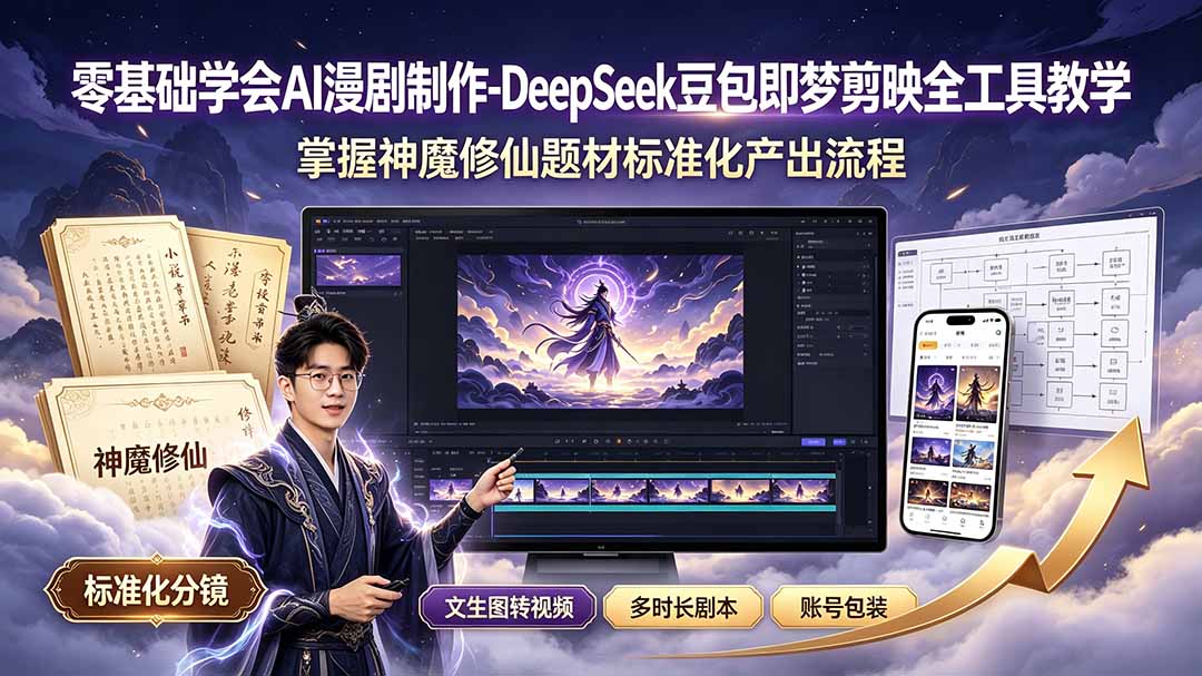 零基础学会AI漫剧制作-DeepSeek豆包即梦剪映全工具教学，掌握神魔修仙题材标准化产出流程来宝云总站-闲云创业网-老谢轻创网-中创网-福缘网-冒泡网-资源之家-魔方项目库来宝云总站