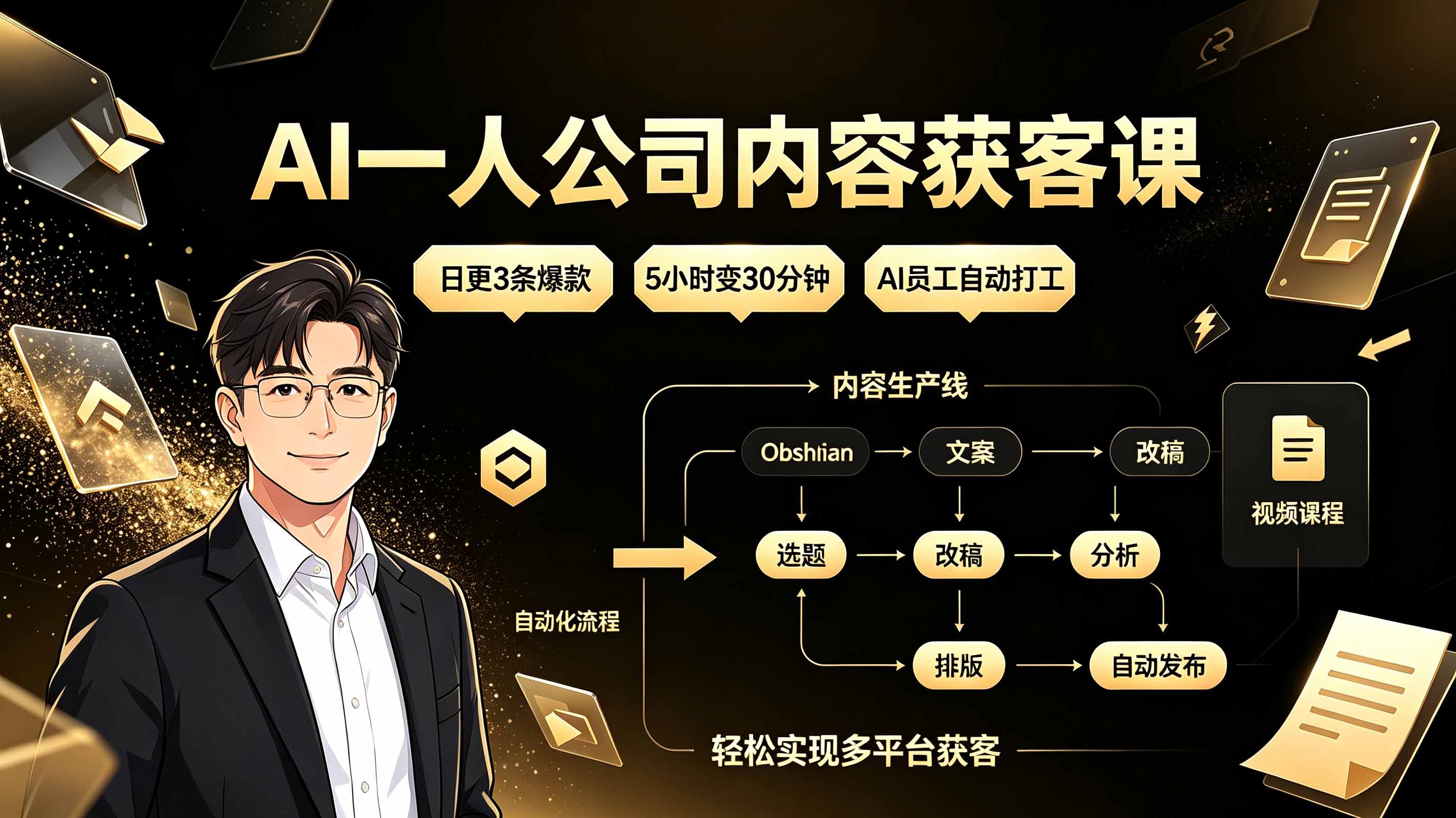 AI一人公司内容获客课：日更3条爆款×5小时变30分钟×AI员工自动打工，轻松实现多平台获客-798资源站