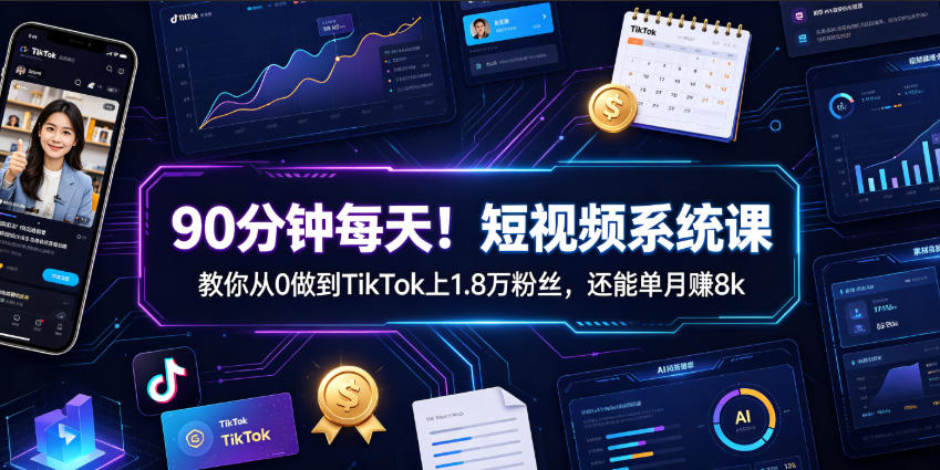 90分钟每天！短视频系统课教你从0做到TikTok上1.8万粉丝，还能单月賺8k【原创双语字幕】来宝云总站-闲云创业网-老谢轻创网-中创网-福缘网-冒泡网-资源之家-魔方项目库来宝云总站