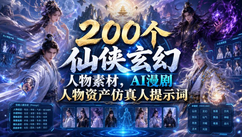 200个仙侠玄幻人物素材，AI漫剧人物资产仿真人提示词来宝云总站-闲云创业网-老谢轻创网-中创网-福缘网-冒泡网-资源之家-魔方项目库来宝云总站