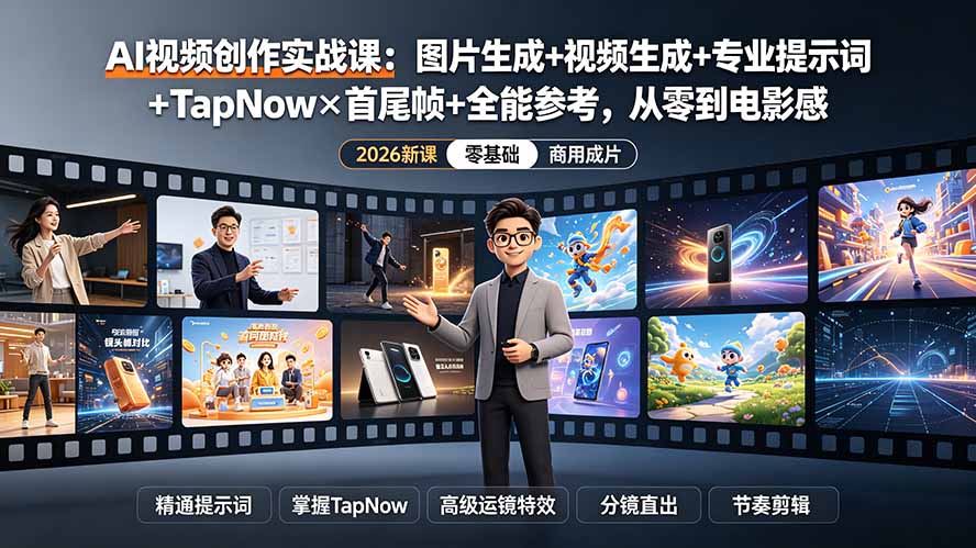 AI视频创作实战课：图片生成+视频生成+专业提示词+TapNow×首尾帧+全能参考，从零到电影感成片-798资源站