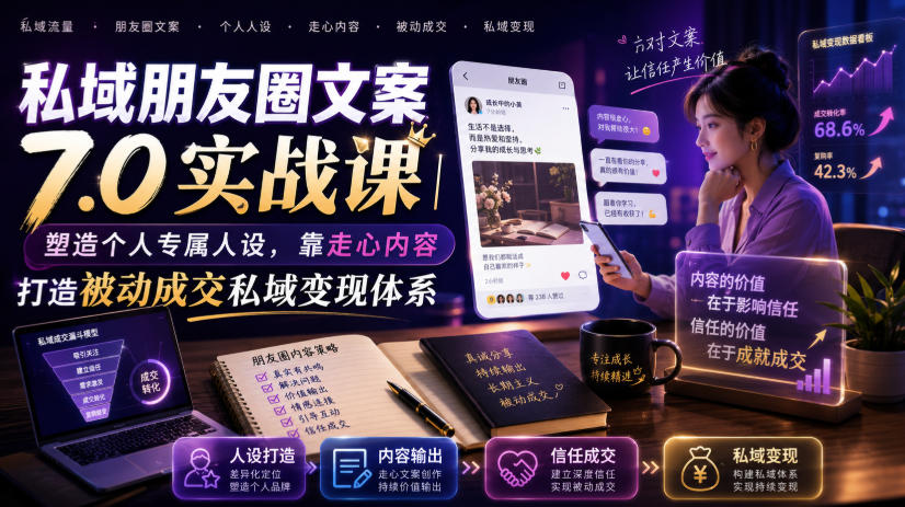 私域朋友圈文案7.0实战课｜塑造个人专属人设，靠走心内容打造被动成交私域变现体系来宝云总站-闲云创业网-老谢轻创网-中创网-福缘网-冒泡网-资源之家-魔方项目库来宝云总站