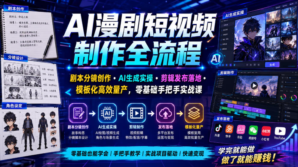 AI漫剧短视频制作全流程|剧本分镜创作・AI生成实操・剪辑发布落地・模板化高效量产,零基础手把手实战课-798资源站